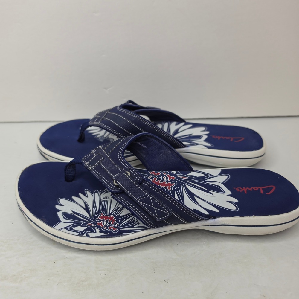 Clarks Flip Flop Sandals Womens 10 Navy Blue Floral Adjustable Strap 26065505